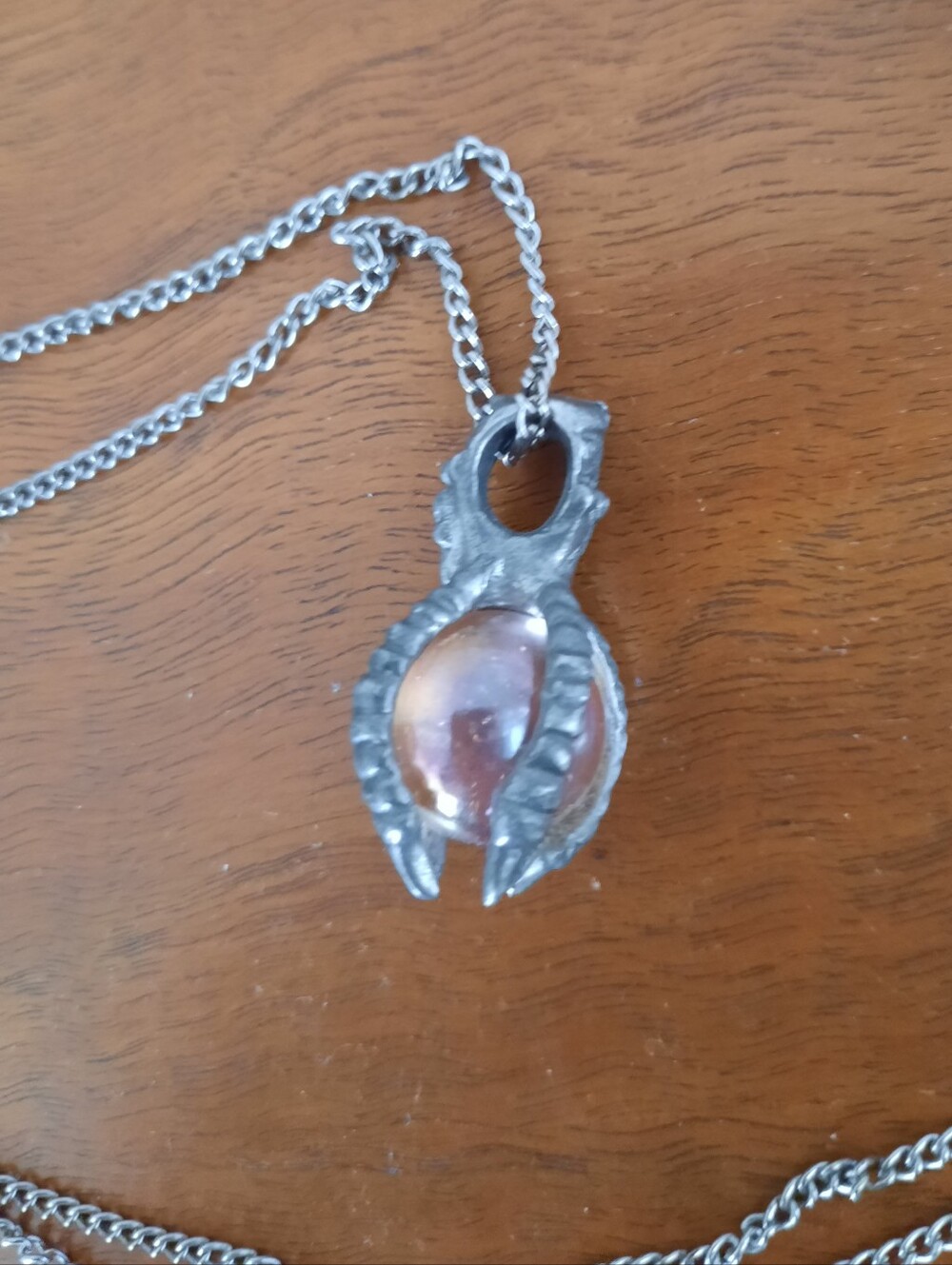 Oxidized Silver-Tone Claw with Pink/Orange Glass Orb Pendant Necklace
